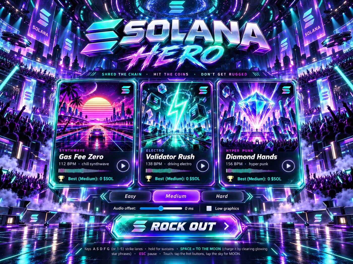 Solana Hero song select on desktop: Gas Fee Zero, Validator Rush and Diamond Hands, with Easy, Medium and Hard difficulty and the Rock Out button