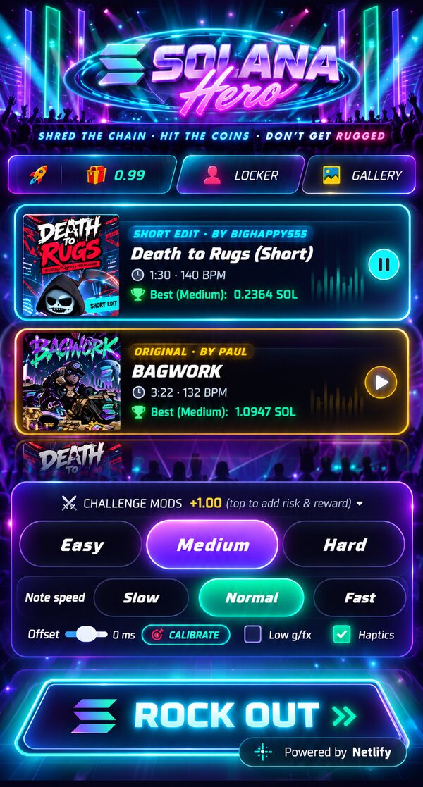 Solana Hero song select on a phone, with Death to Rugs and Bagwork tracks, difficulty and note speed settings